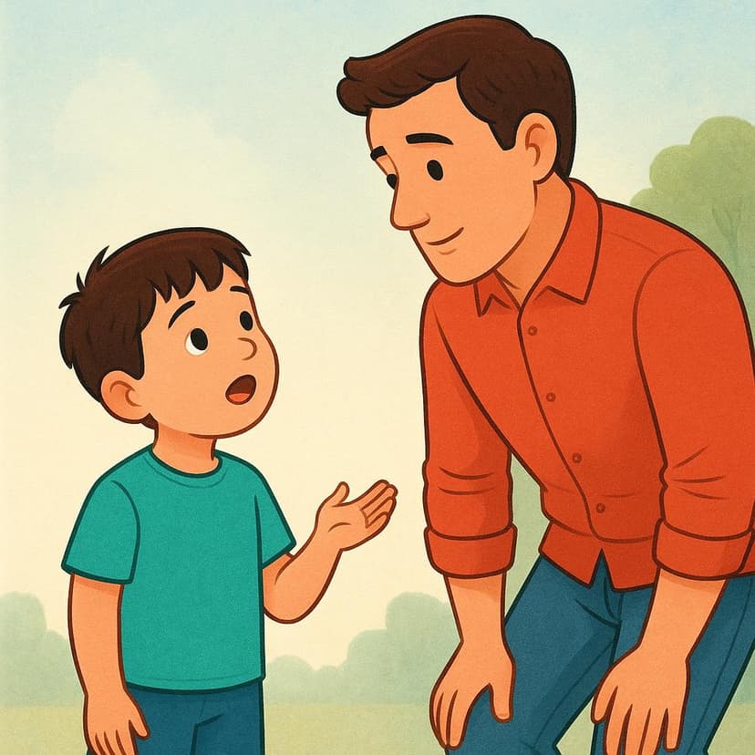 A colorful storybook illustration showing a young boy looking up at an adult man and speaking to him, making a subtle gesture with his hand as if asking a question.