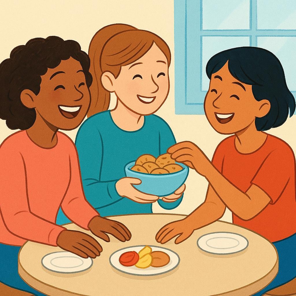 A colorful illustration of three young female friends sitting around a small table, laughing and enjoying a snack together.