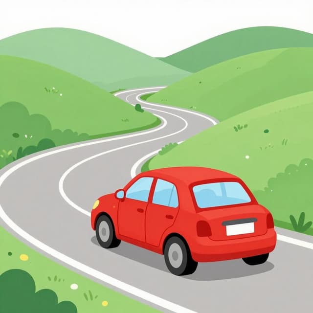 A bright red car turning a sharp corner on a winding road.