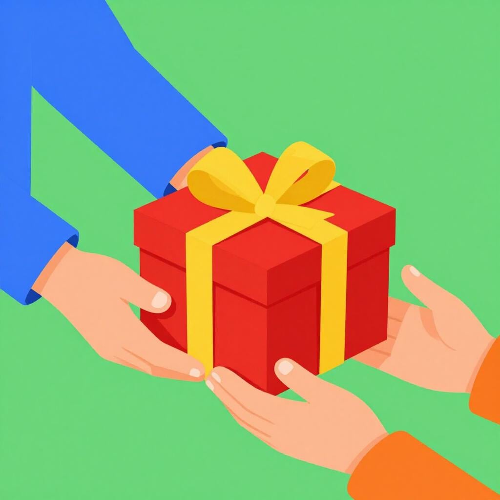 A person happily receiving a wrapped gift box from another person's hands.