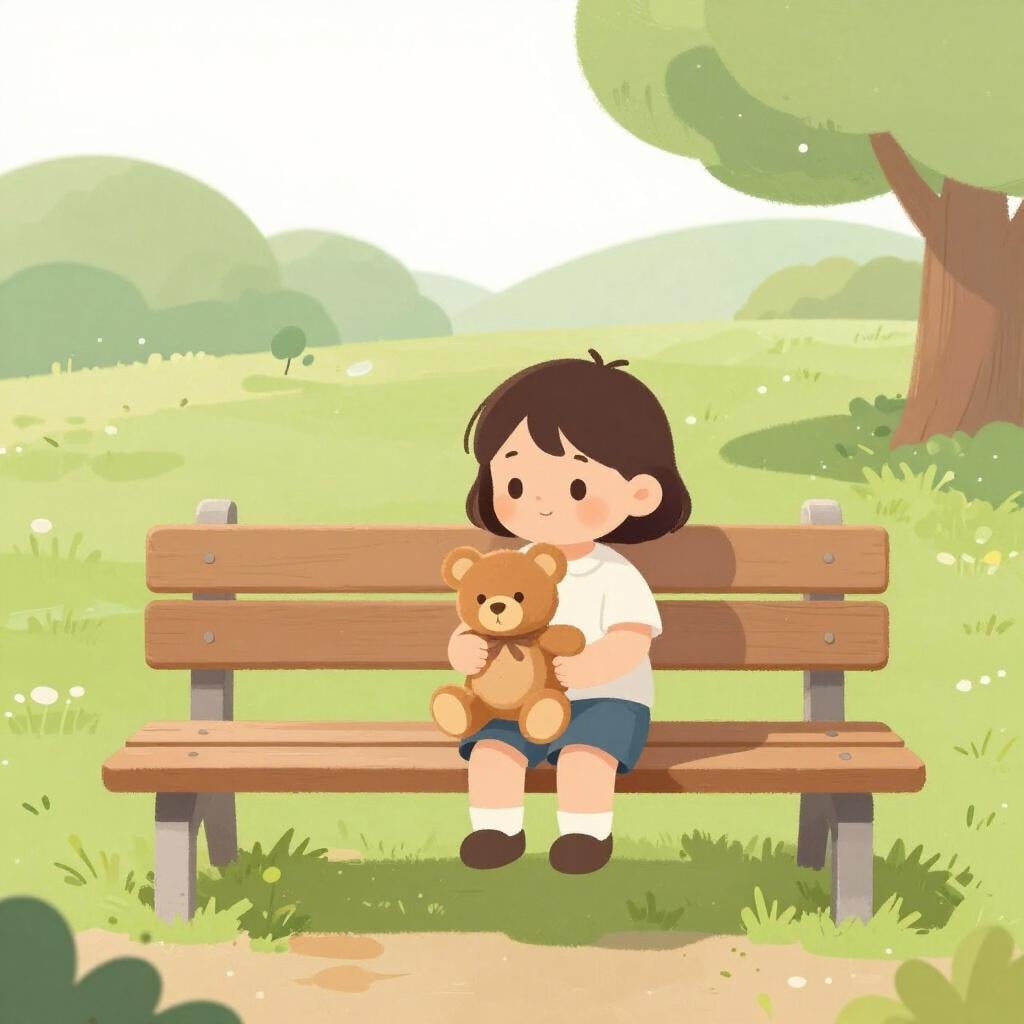 木製のベンチに一人で座り、テディベアを一つ持っている小さな子供。