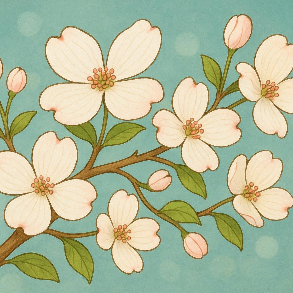 A branch of a Flowering Dogwood tree displaying white and pink blossoms against a bright sky, symbolizing the US state of Virginia.