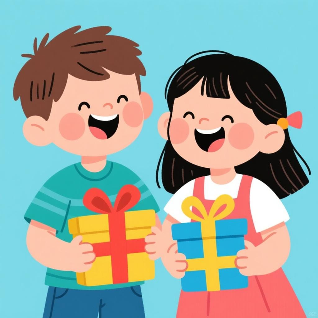 Two children with bright smiles looking happily at simple, colorful wrapped gifts they are holding, depicting a temporary state of happiness.