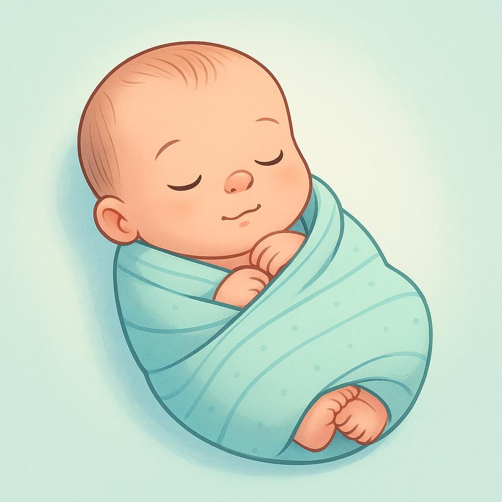 A close-up storybook illustration of a peaceful newborn baby swaddled securely in a warm blanket, sleeping soundly.