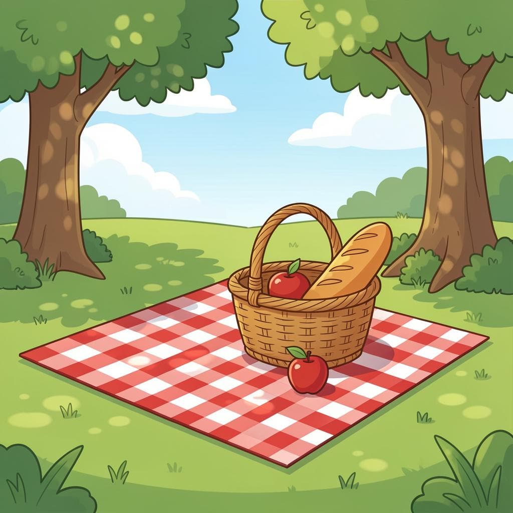 A classic red and white checkered blanket spread on green grass with a basket and food.