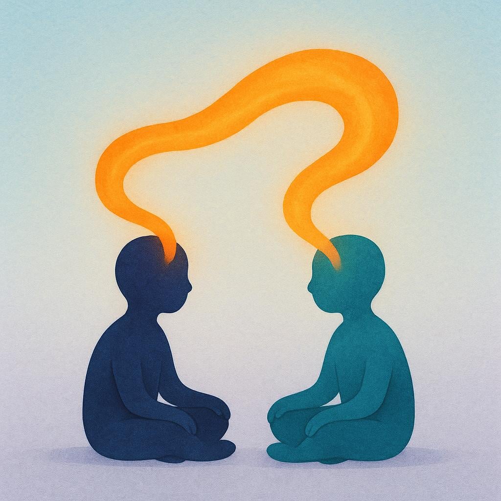 A simple illustration showing a stylized figure sitting across from another figure, with a glowing, swirling line of warm color flowing directly from the first figure's head toward the second figure's head, symbolizing the psychological transference of feelings.