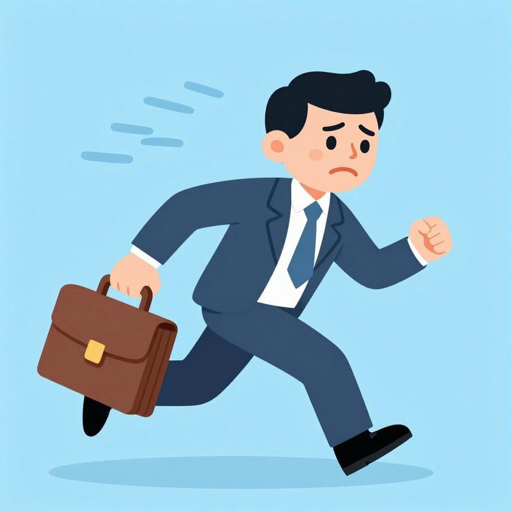 A person running quickly while holding a briefcase, looking hurried.