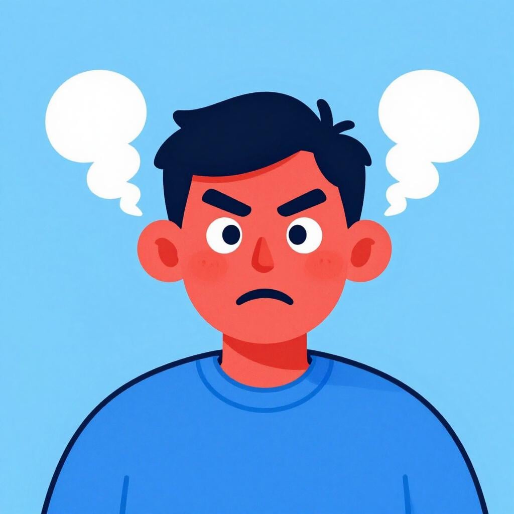 Un homme en dessin animé avec le visage rouge vif et de la vapeur sortant de ses oreilles, visiblement très en colère.