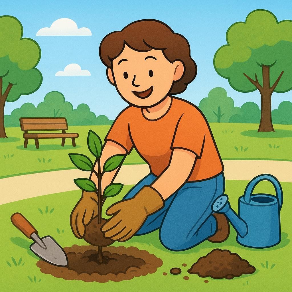 A person happily planting a small tree in a designated public park area, showing community responsibility.