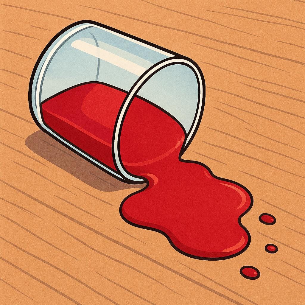 A simple illustration showing a small glass of bright red juice tipped over, spilling liquid onto a clean wooden table, symbolizing a minor incident.
