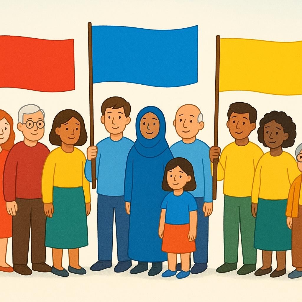 Three distinct groups of stylized people standing together, each group holding a simple banner in a unique color (red, blue, yellow) to represent different affiliations.