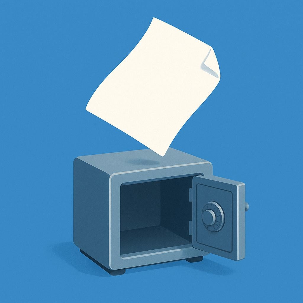 A symbolic representation of saving data, showing a stylized document sheet floating into a small, open, secure metal safe.
