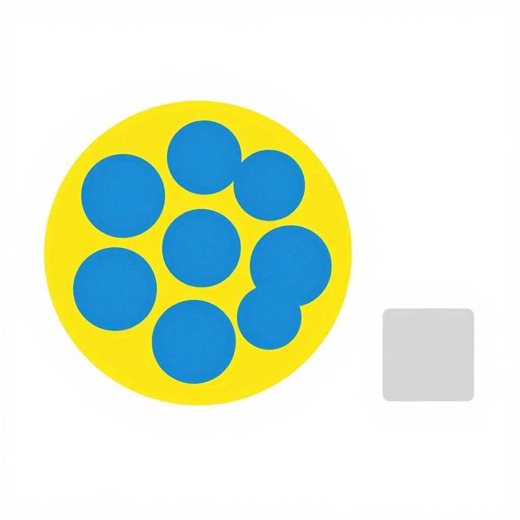 Een groep kleurrijke vormen binnen een cirkel, terwijl een grijs vierkant alleen buiten de cirkel zit.