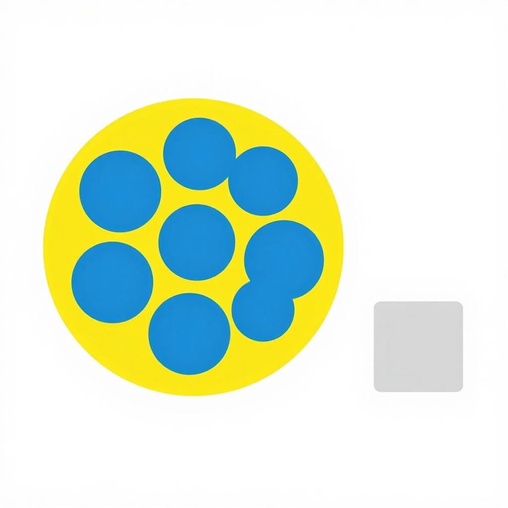 Een groep kleurrijke vormen binnen een cirkel, terwijl een grijs vierkant alleen buiten de cirkel zit.