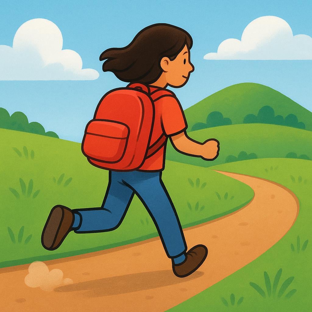 A simple illustration of a young person walking steadily down a winding path through a field, suggesting continuous movement toward a destination.