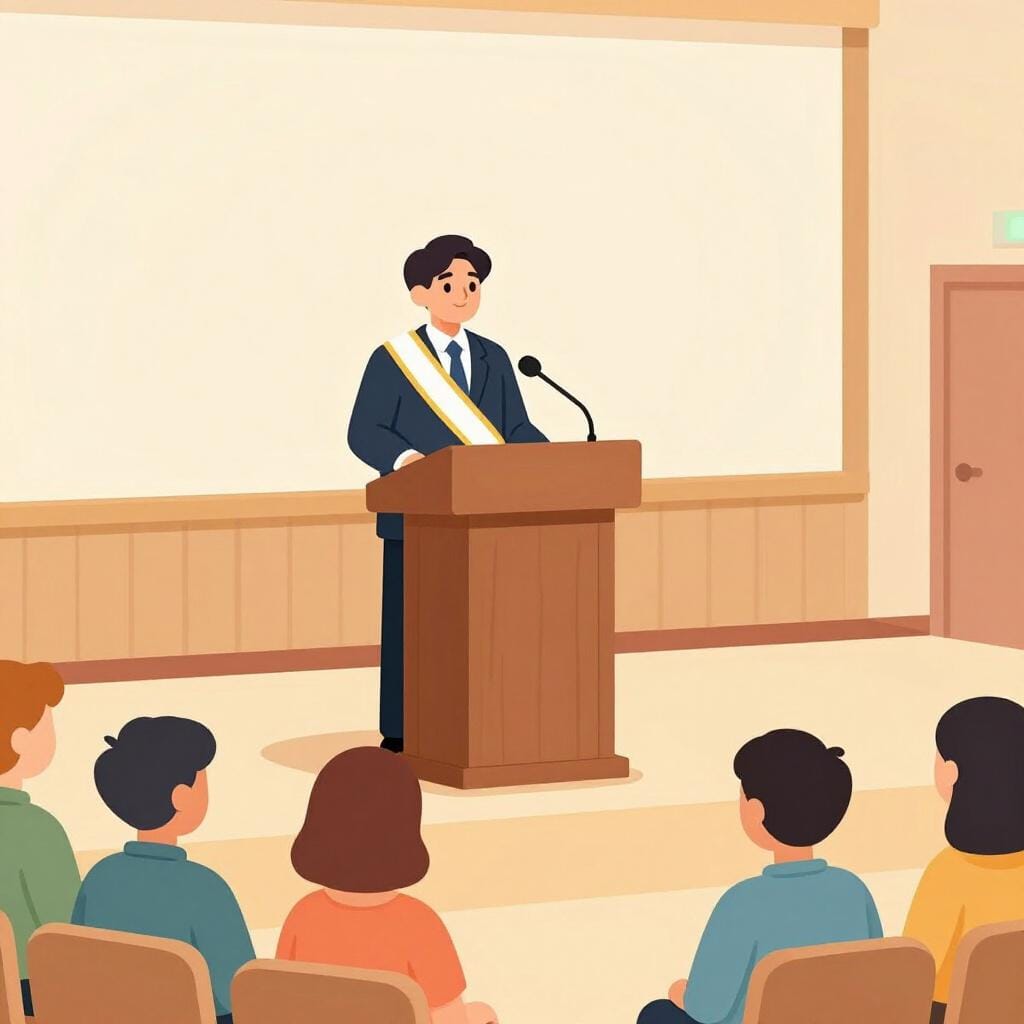 A person standing at a podium in front of a small crowd, wearing a matching sash and holding a folder.