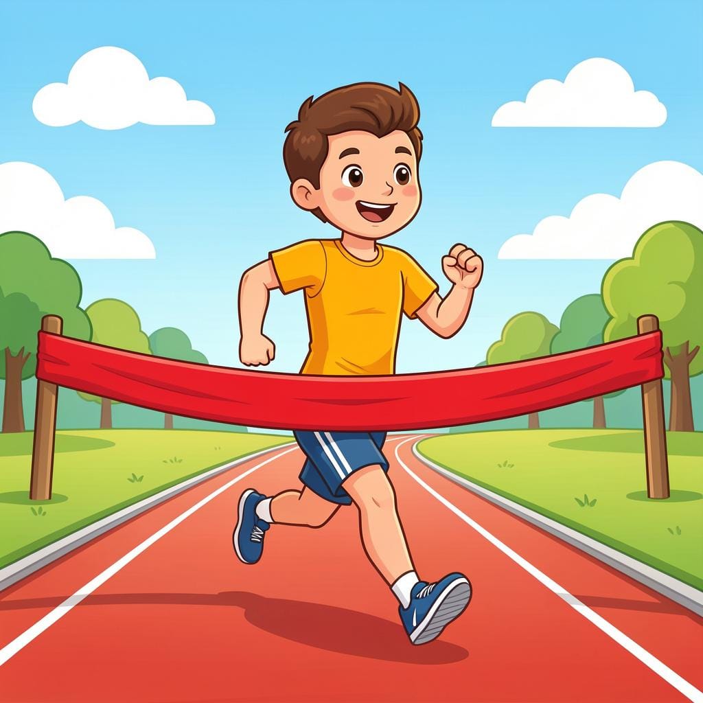 A runner crossing a finish line with their arms raised in success.