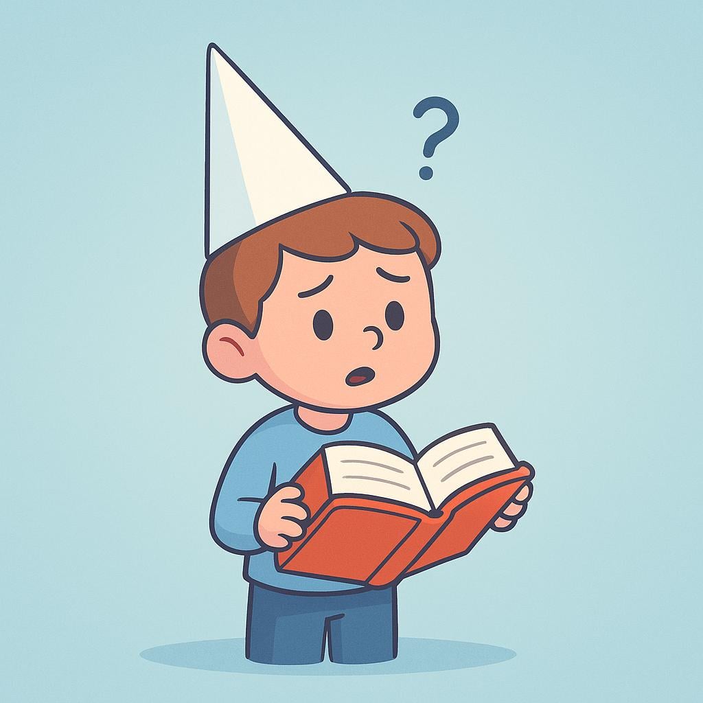 A simplistic storybook illustration showing a character with a bewildered expression wearing a traditional dunce cap, symbolizing foolishness.
