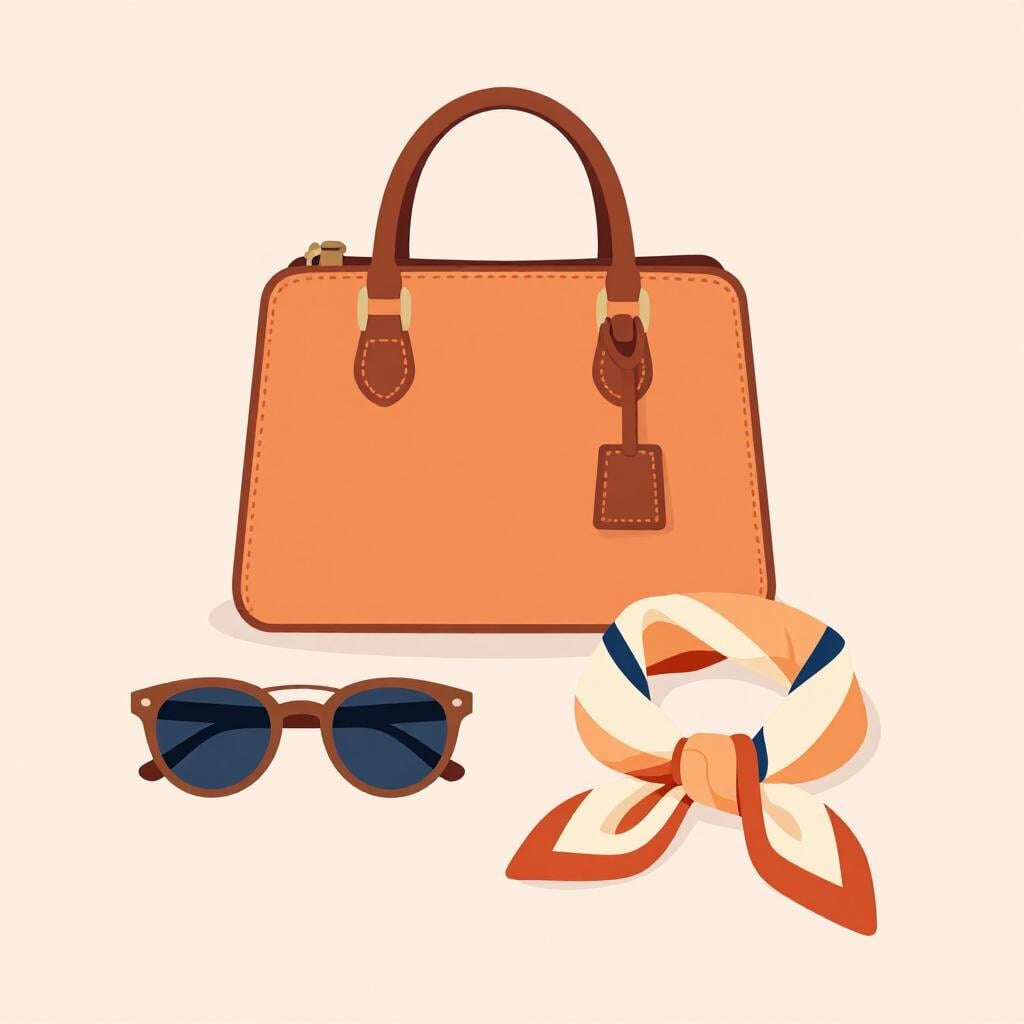 A stylish leather handbag, a pair of sunglasses, and a colorful scarf laid out on a clean surface.