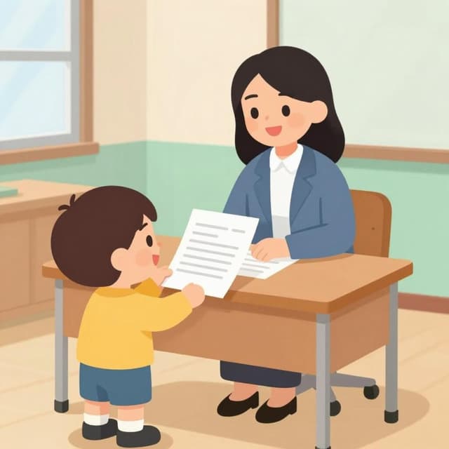 A child handing a registration form to a friendly teacher at a desk.