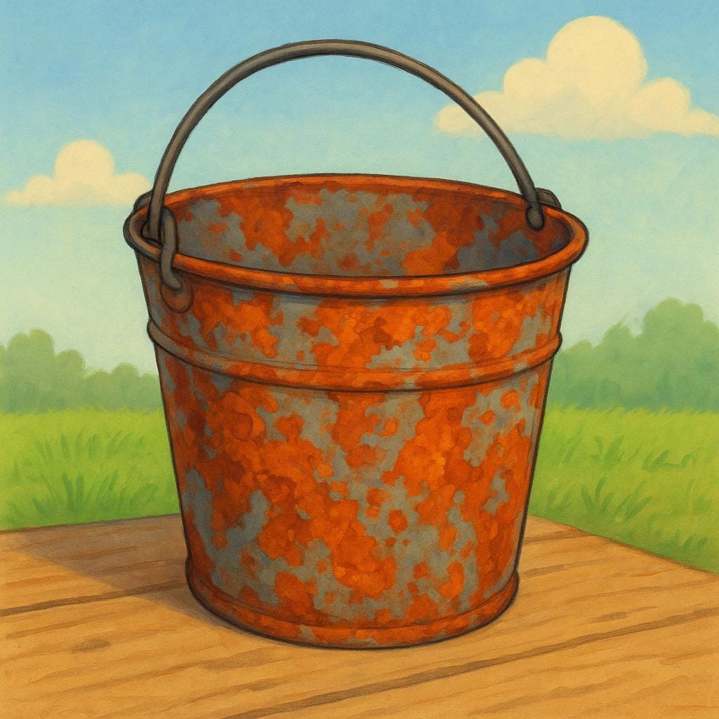 A close-up view of an old, simple metal bucket heavily covered in orange rust spots.