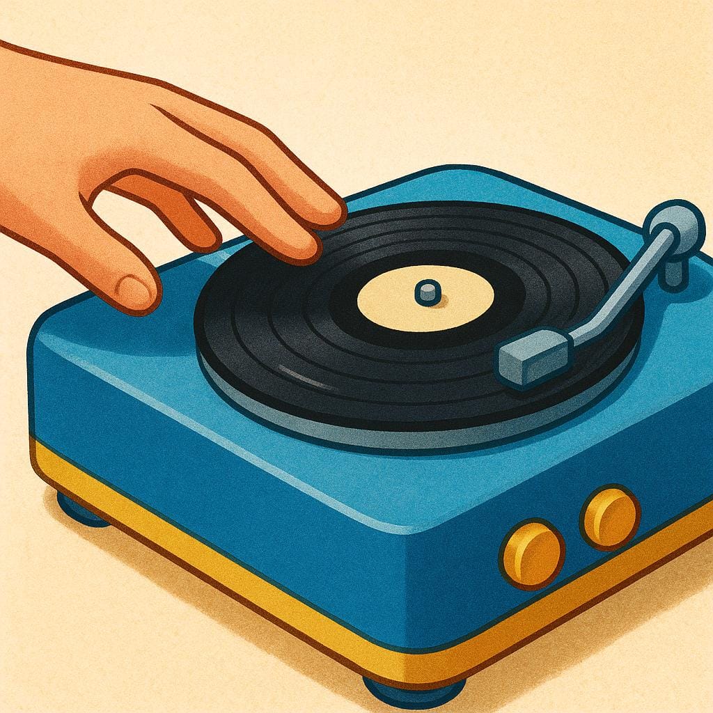 A human hand reaching out toward a simple, brightly colored record player with a vinyl record spinning slowly, indicating the action of starting music.