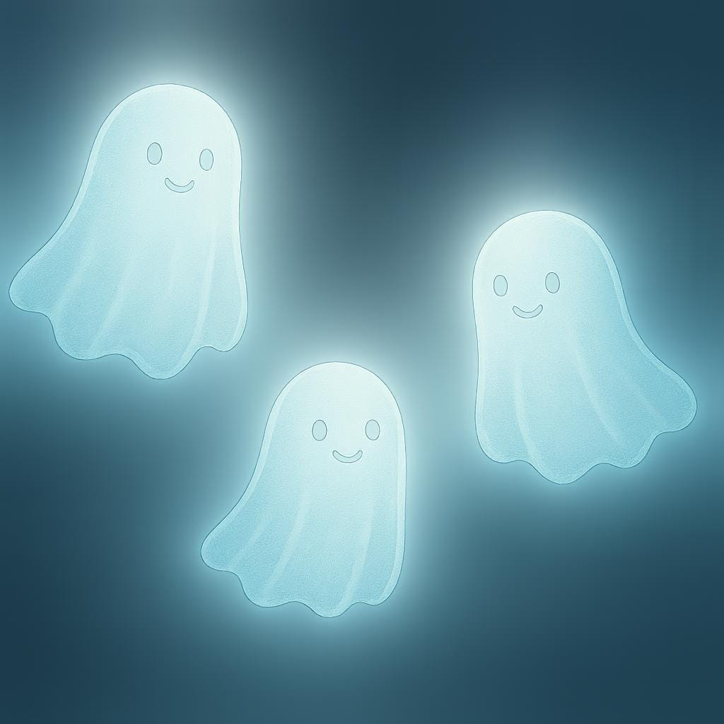 Trois formes fantomatiques blanches simples et légèrement transparentes flottant dans une pièce sombre et stylisée, représentant des entités surnaturelles.