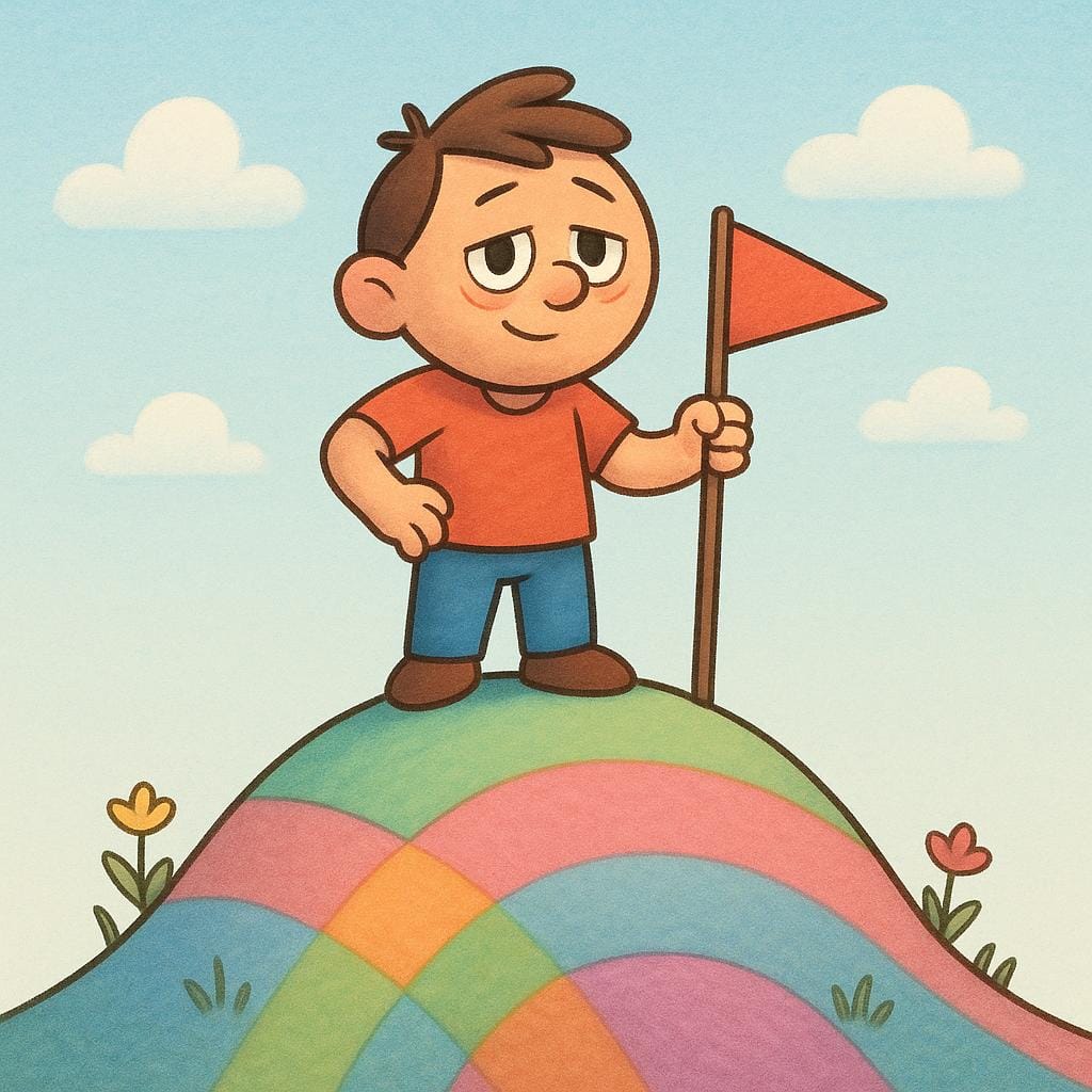 A small, determined cartoon figure standing triumphantly on the peak of a steep, colorful hill, showing the action of having tried and succeeded.