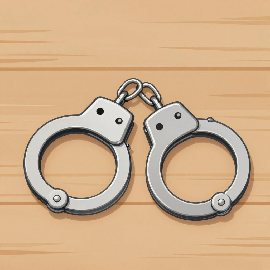 Un paio di manette lucide in metallo appoggiate su un tavolo di legno.