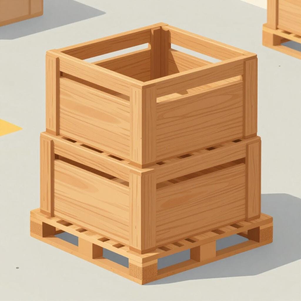 Mehrere Holzkisten, die auf einer Holzpalette gestapelt sind.