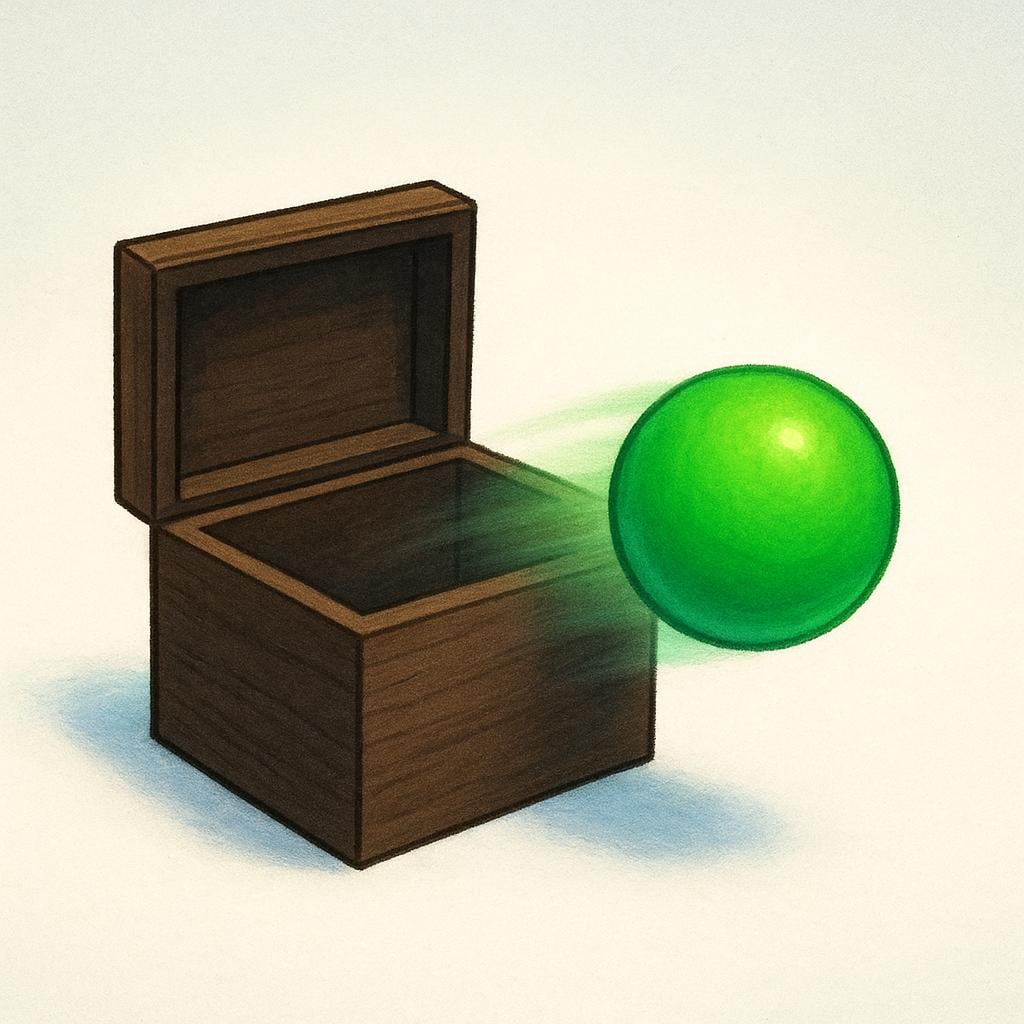 A bright green sphere is shown emerging halfway out of the opening of a dark wooden box, illustrating movement from inside to outside.