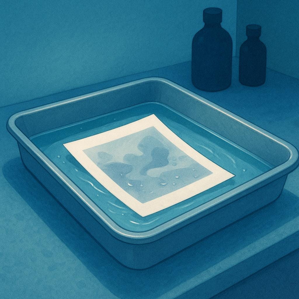 A white piece of photographic paper partially submerged in developing liquid, showing an image slowly appearing on its surface in a dimly lit setting.