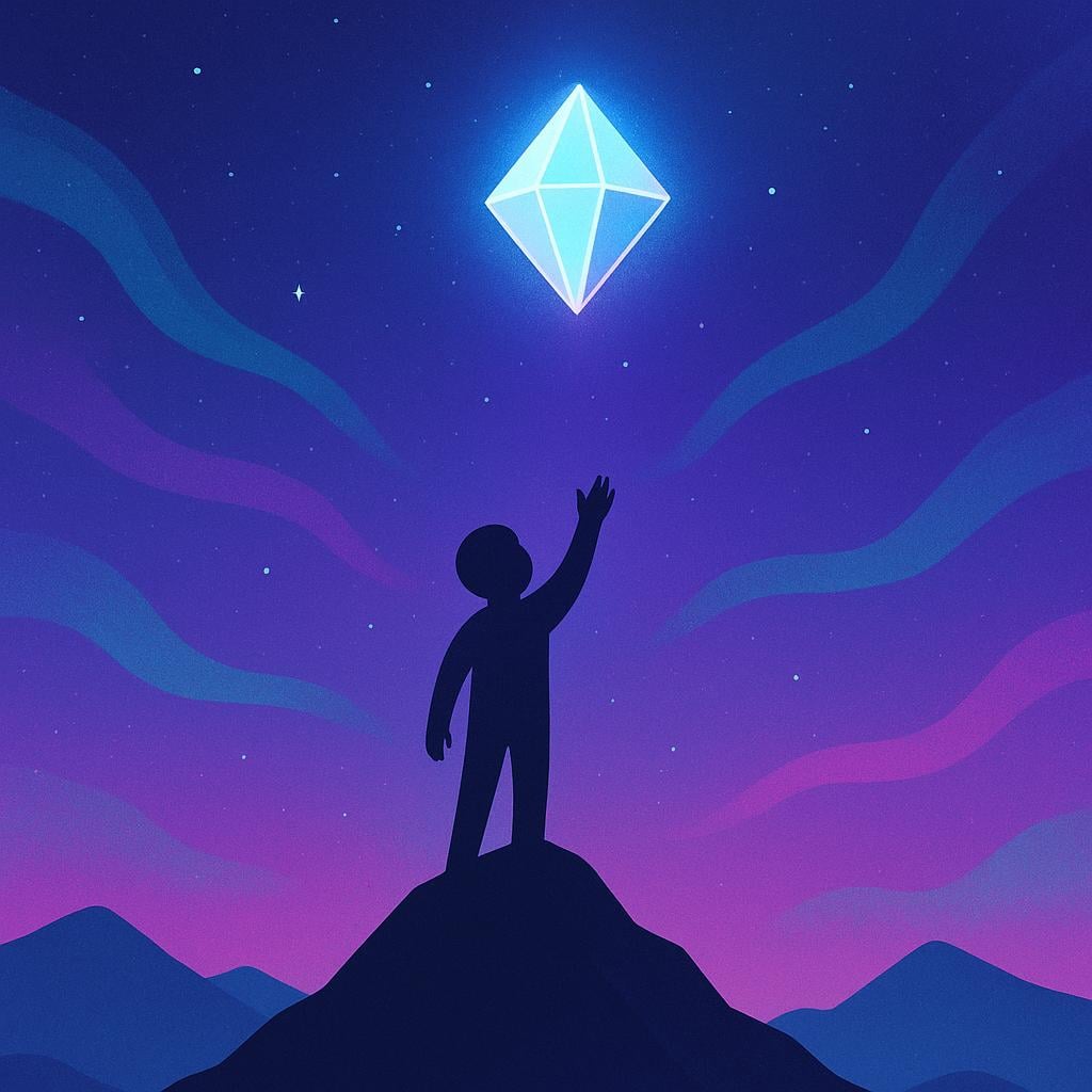 A lone figure standing on a dark mountain peak, reaching toward a bright, glowing, abstract shape floating impossibly high in the sky, representing an unattainable concept.