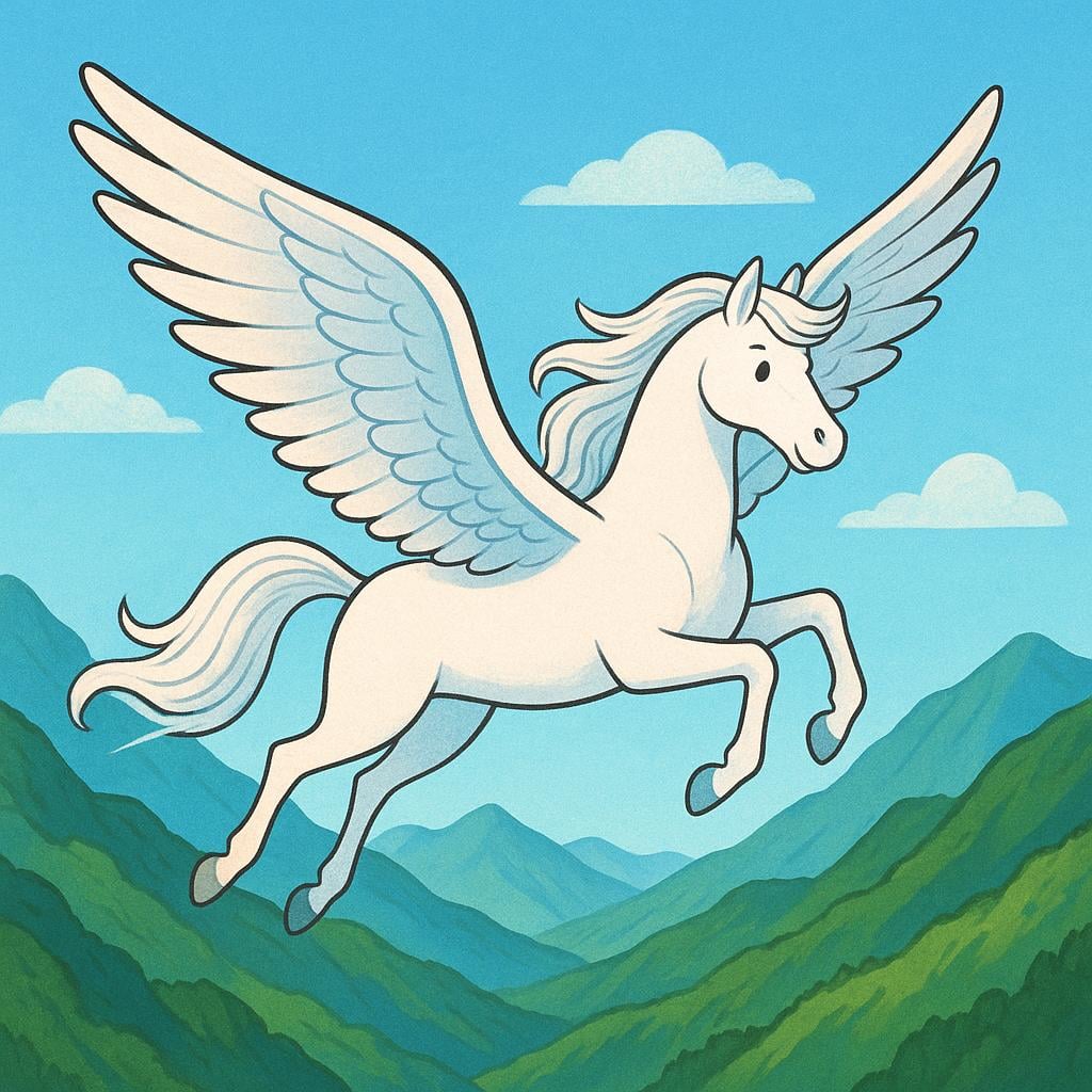 A majestic white Pegasus with large feathered wings soaring gracefully over rugged green mountains under a bright sun. This illustrates a traditional ancient story.