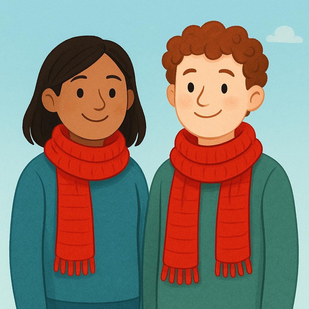 Due figure stilizzate in piedi affiancate, entrambe con identiche sciarpe rosso vivo intorno al collo.