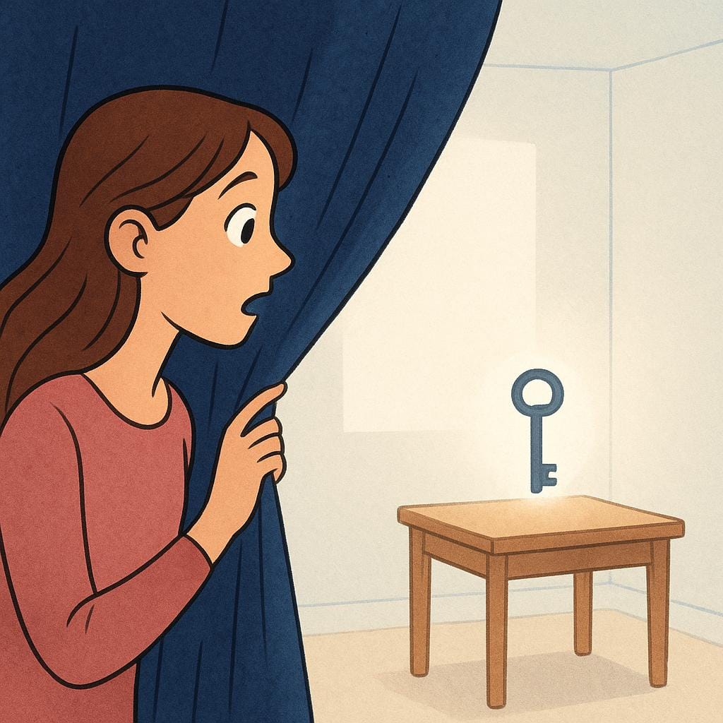 Une jeune femme surprise tirant un rideau bleu foncé, révélant une pièce lumineuse où repose une clé simple et brillante sur une table, symbolisant une vérité révélée.