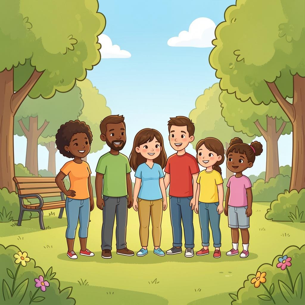 A diverse group of people standing together under a bright sun.