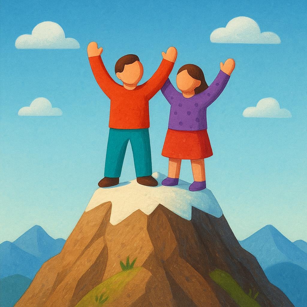 A simplified illustration of two figures standing triumphantly on top of a mountain peak, raising their arms in success.