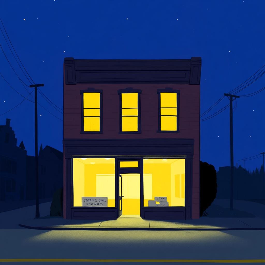 A brightly lit storefront with its door wide open, indicating that the business is still operating late at night.