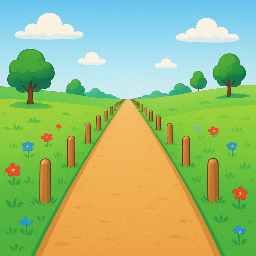 Eine hochwertige, einfache, farbenfrohe Bilderbuchillustration, die einen geraden, gut gepflegten Feldweg zeigt, der auf beiden Seiten durch einheitliche, kurze Holzpfosten klar definiert ist.