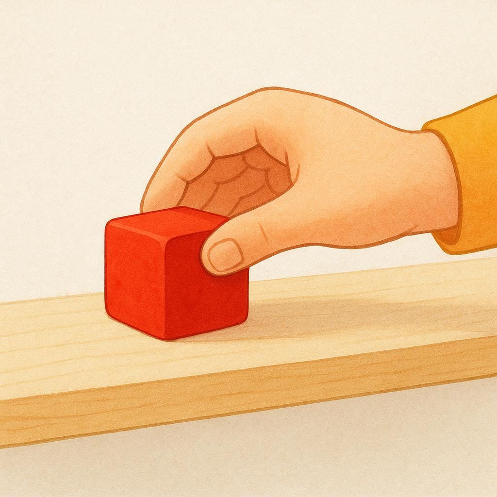 A child's hand carefully placing a bright red toy block onto a wooden shelf, illustrating physical placement.