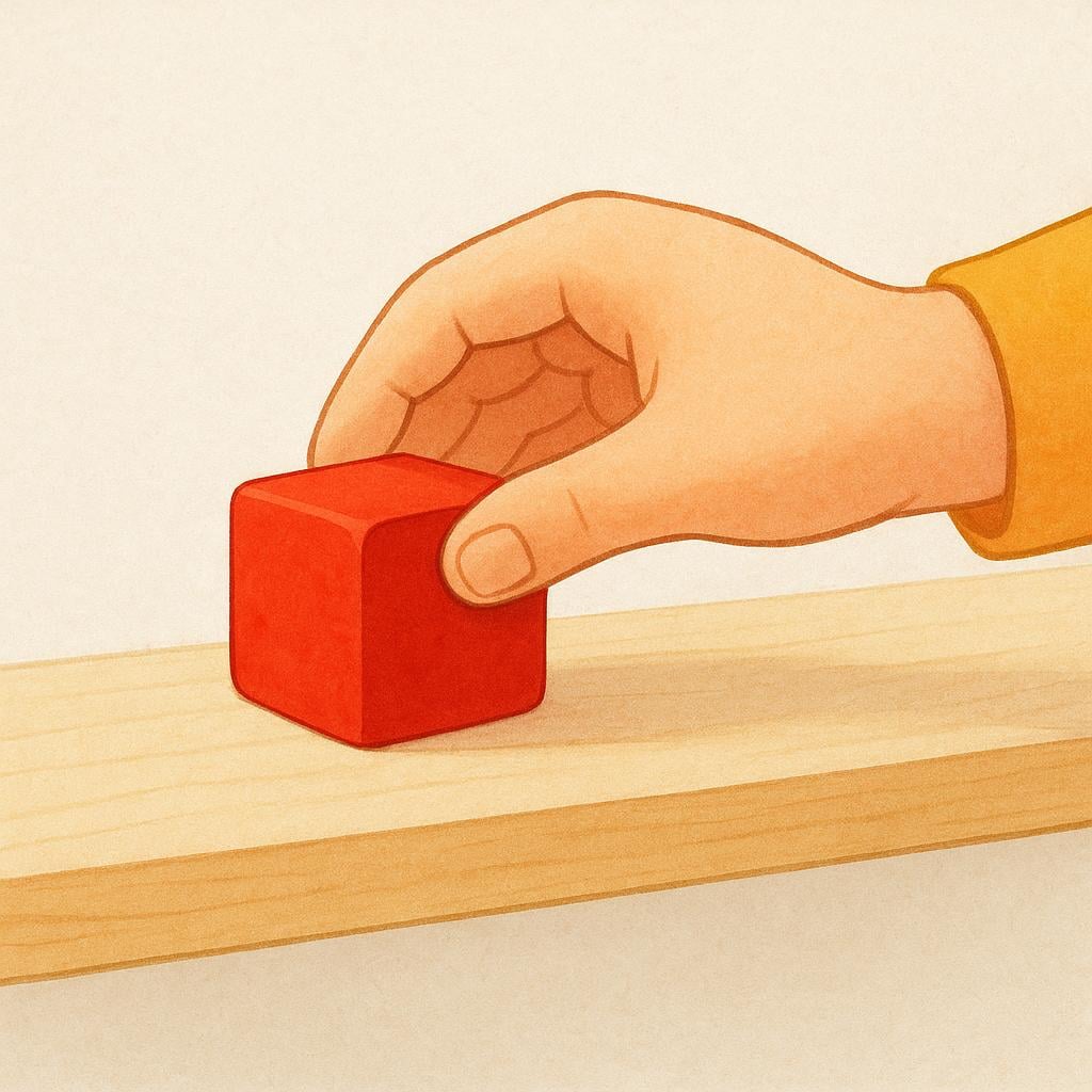 A child's hand carefully placing a bright red toy block onto a wooden shelf, illustrating physical placement.