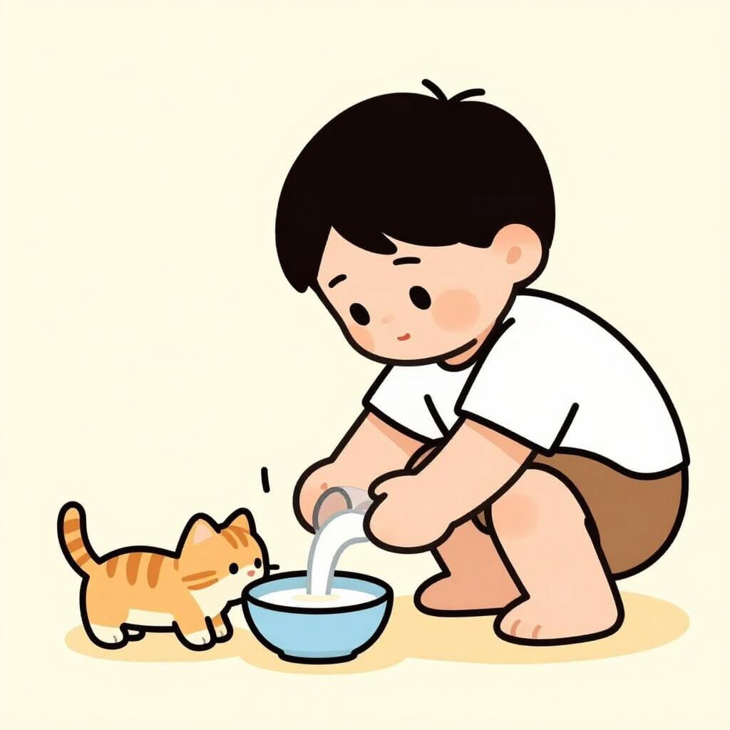 A simple illustration of a child gently helping a tiny kitten reach a bowl of milk, representing an act of kindness or favor.