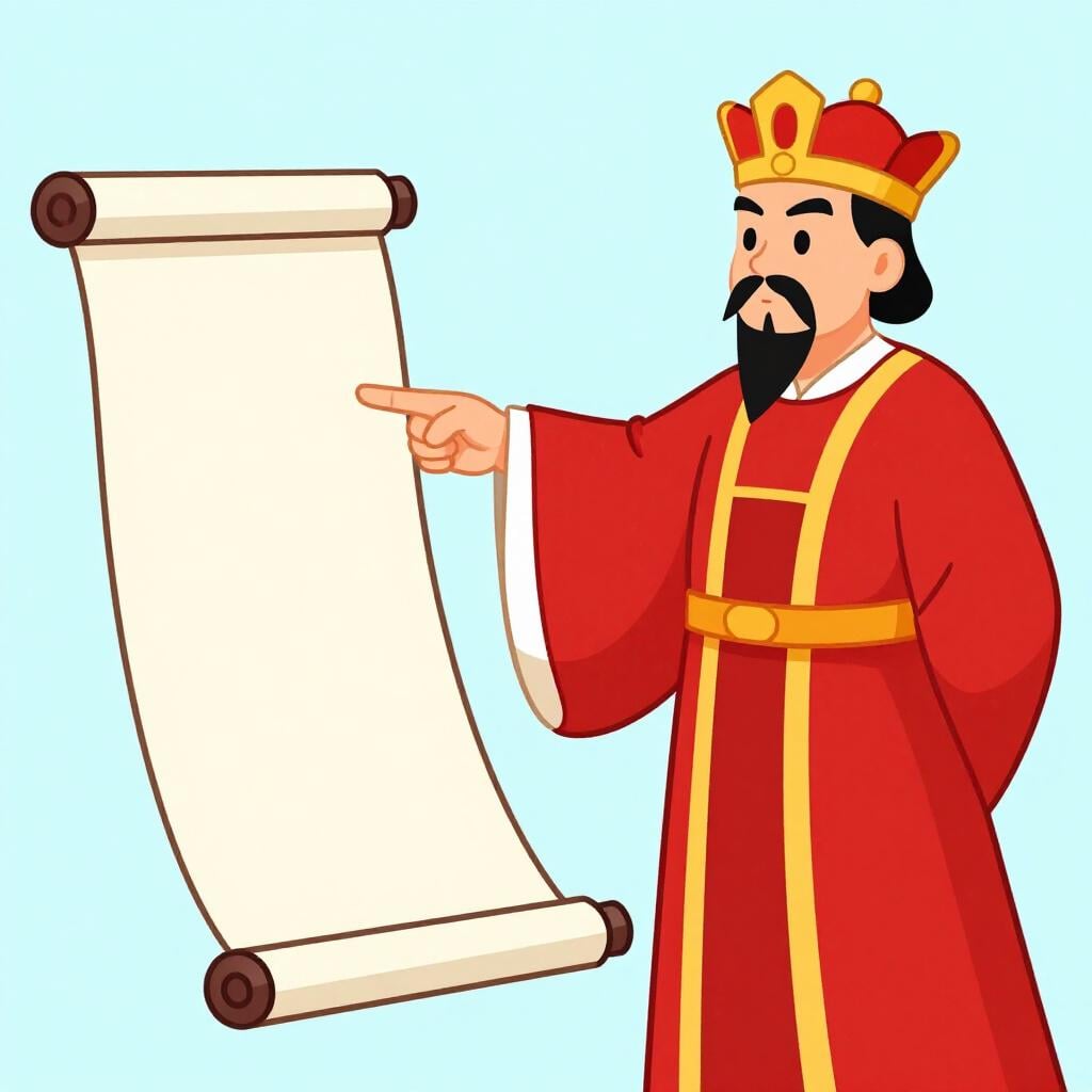 A king pointing firmly to a specific spot on a scroll to show a clear and formal command.