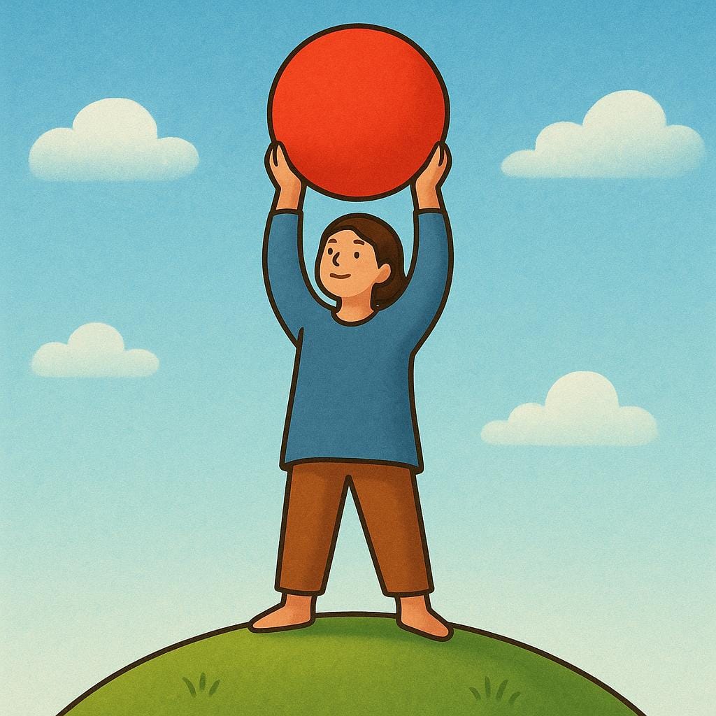 A person standing confidently on a small hill, holding a bright red sphere high above their head.