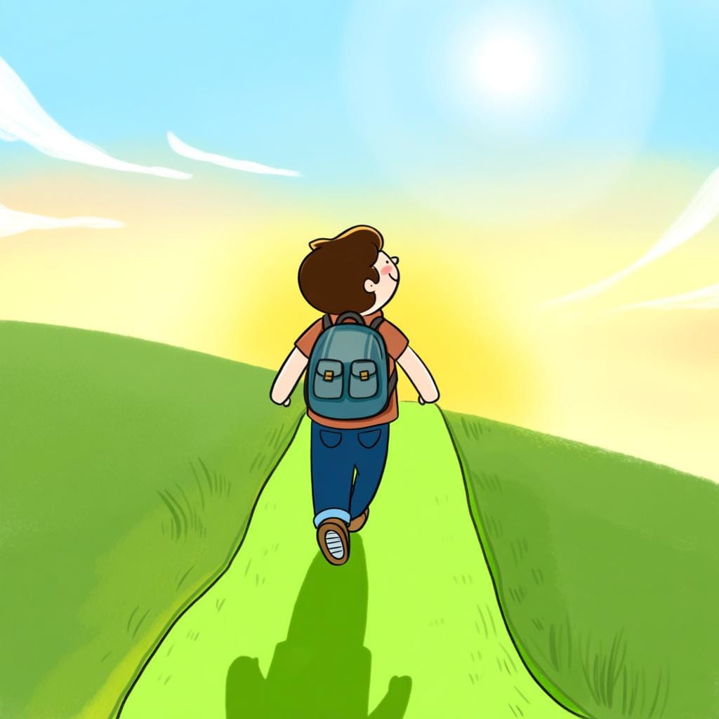 A friendly person with a small backpack stands on a winding green path leading toward a bright, sunlit horizon, symbolizing the start of a future journey.