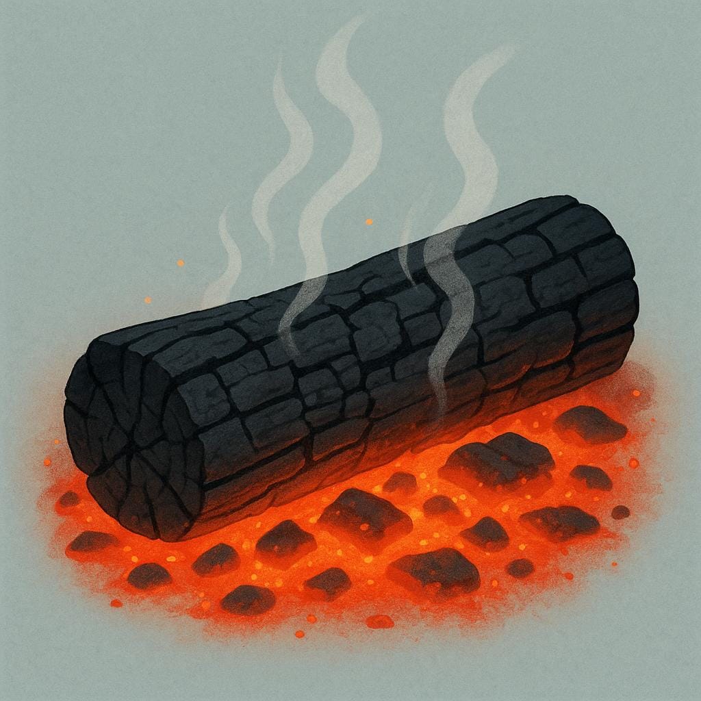 Um tronco de madeira carbonizado fumegando com brasas vermelhas e pequenas chamas, ilustrando algo destruído pelo fogo.