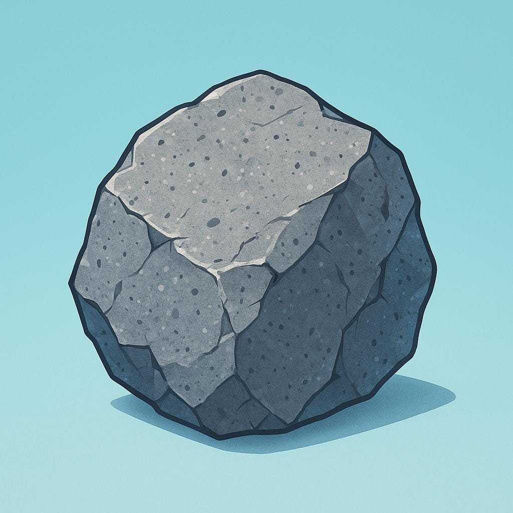 A simple drawing of a thick, rough-hewn piece of unpolished grey stone.