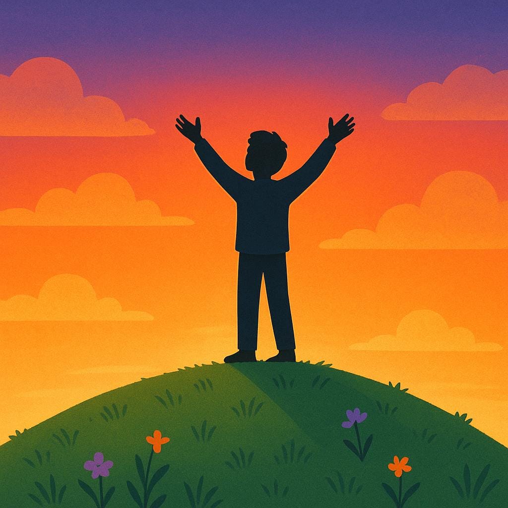 Een kleurrijke prentenboekillustratie van een jong persoon die op een bergtop staat met opgeheven armen, kijkend naar een dramatische oranje en paarse zonsondergang, wat een diepgaande ervaring symboliseert.