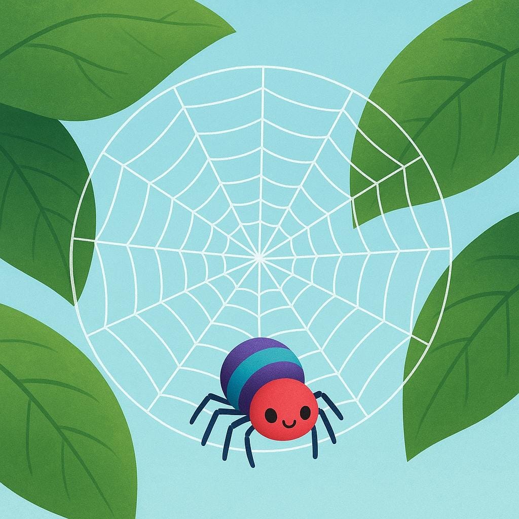 A small, brightly colored spider meticulously spinning a perfect circular web between two green leaves, demonstrating an innate behavior.